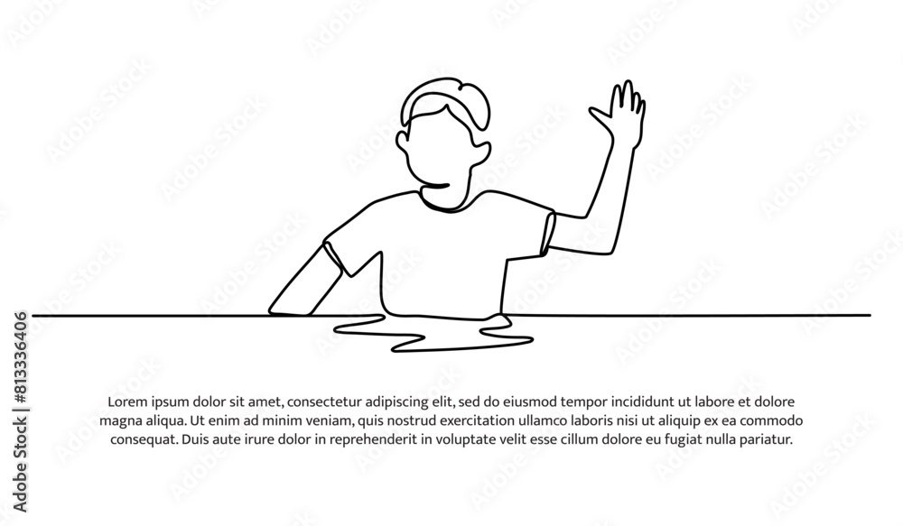 Poster continuous line design of a boy is soaking in the water. single line decorative elements drawn on a 