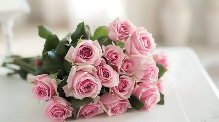 Bouquet of pink roses arranged elegantly on a white table, their soft petals creating a sense of tranquility and serenity.