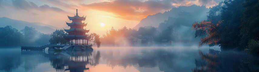 Mystical Sunrise at Chinese Pagoda