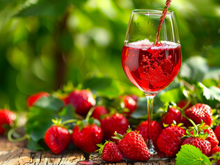 A glass of wine is being filled with strawberries. - Powered by Adobe