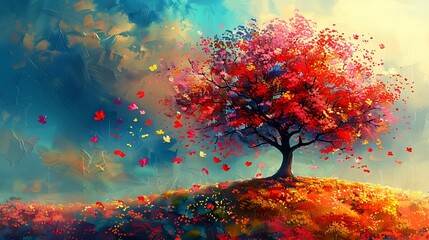 Autumn tree in vibrant landscape art