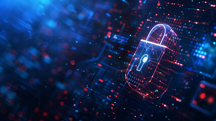 "Digital lock for computer system on dark blue background, cyber security tech for stopping fraud and protecting privacy data network concept"