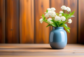A small bouquet of white flowers in a clear vase on a wooden table with a white wall in the background