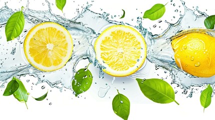 Tangy Temptation: Lemon Fruit Slice, Leaves, and Splash