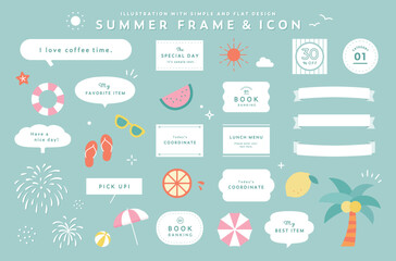 夏のフレームとイラストのセット　アイコン　あしらい　飾り　リボン　吹き出し　装飾　花火　夏休み　南国 © yugoro
