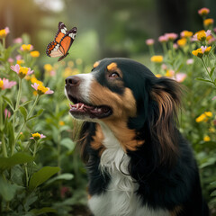 A long-haired dog looks at a butterfly with gentle eyes.