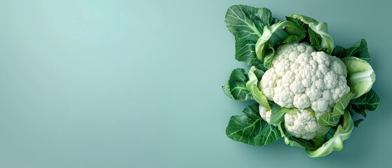 A fresh, vibrant cauliflower with a high-angle view, highlighting its intricate florets and crisp texture in photorealistic detail., Flat lay isolated on solid background with empty space.