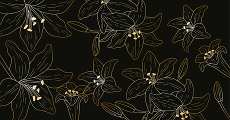 Seamless pattern, hand drawn outline gold flowers on black background