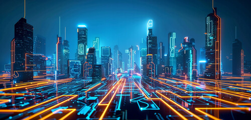 A futuristic city skyline illuminated by neon lights, showcasing the integration of technology into...