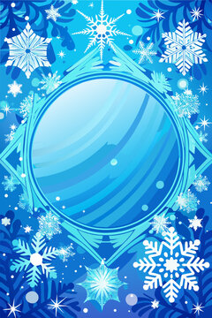 frame of white snowflakes on a blue background with copy space