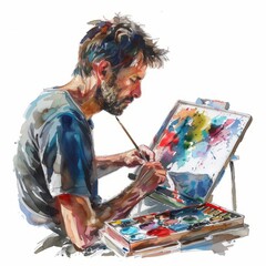 Fototapeta premium Watercolor painting of a passionate artist lost in the creative process, on isolated white background, Generative AI