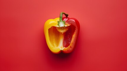 A minimalist yet striking graphic image of a single bell pepper seen from directly above, with symmetrical slices revealing its vibrant red interior against a contrasting background.