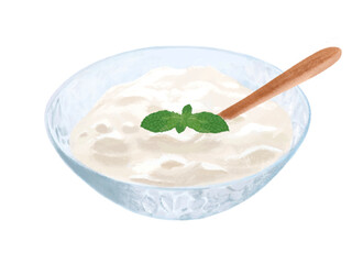ヨーグルト, 乳製品, 食べ物, デザート, スイーツ, ヘルシー, 食品, 食物, 果実, 料理, フレッシュ, おやつ, カフェ, 朝食, 昼食, 健康食品, 健康, ダイエット, 栄養, お菓子, おいしい, 食事, 新鮮, 美味しい, 色鉛筆, 色鉛筆画, リアル, 写実, 挿絵, イラスト, 手描き, 手書き, 白背景, 白バック, 木匙, スプーン, 木製, 匙,ミント、ハーブ、香草