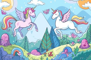 Cartoon cute doodles of a horseback riding competition in a magical forest, with unicorns and pegasi soaring over colorful obstacles, Generative AI