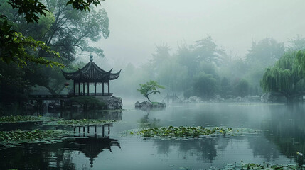 Misty Lake with Traditional Chinese Pavilion
