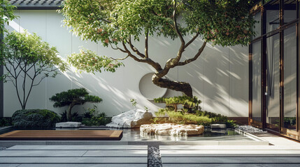 Modern Japanese Courtyard with Bonsai and Pond