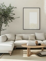Frame mockup, modern oriental style hanok house interior living room wall poster mockup, 3D render