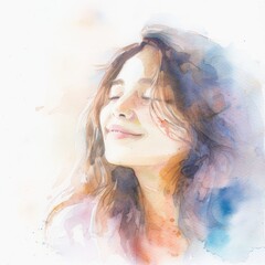 Watercolor painting of a serene woman with flowing hair and a gentle smile, on isolated white background, Generative AI
