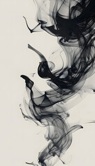 Abstract black smoke swirls in a flowing design on a white background, black and white background ,generative AI.