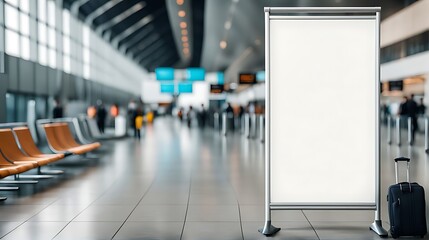 A mockup poster empty, stands within an airport setting , blurred background , showcasing a wide banner design featuring ample blank .space for your content design.