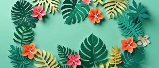 A colorful collage of paper flowers and leaves on a flat background