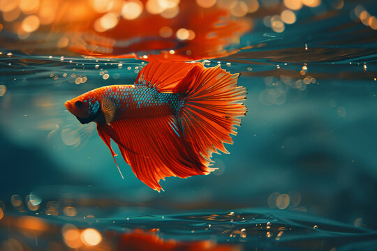 a Siamese fighting fish swimming amongst colorful coral in a tropical reef aquarium