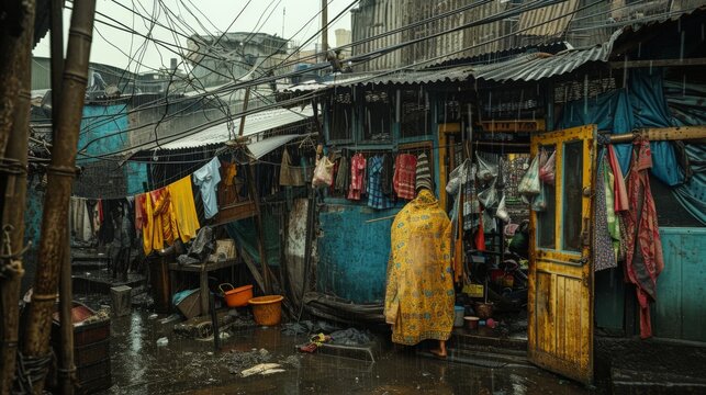 Capture the daily life and struggles in the densely populated slums of Mumbai, contrasting the vibrant community activities with the harsh living conditions 