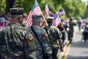 Group of male soldiers in camo uniforms marching with American flags at a parade. 4th of July, american independence day, happy independence day of america , memorial day concept