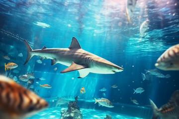 A grey reef shark swims gracefully through the crystal blue water of a tropical aquarium