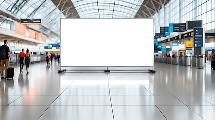 A mockup poster empty, stands within an airport setting , blurred background , showcasing a wide banner design featuring ample blank .space for your content design.