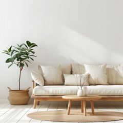 Living room interior in cozy Scandinavian and modern style decoration with sofa, 