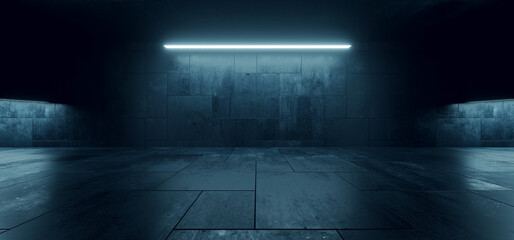 Modern Underground Massive Concrete Cement Blocks Hallway Room Tunnel Corridor Bunker Hangar Realistic Stage Lights Empty Warehouse 3D Rendering © IM_VISUALS