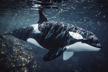 Obraz premium A pair of black and killler whale swim alongside two playful orca in the clear blue ocean