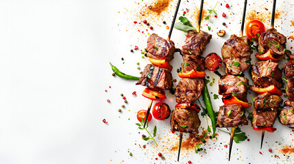 Shish kebab on the grill delicious meat on isolated white background
