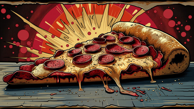 It is a pizza ad designed like a comic book cover. It's a pop art pizza ad. Pizza advertisement banner with copy space.