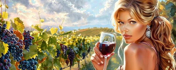 Fototapeta premium A woman with a glass of wine among flowers in a vineyard, under a cloudy sky