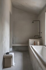 A tranquil bathroom with minimalist fixtures, clean lines, and a spacious shower area, providing a calming space, Generative AI