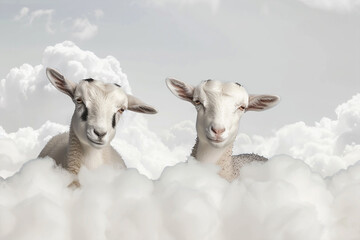 Goats on white background with clouds. Eid ul adha concept 