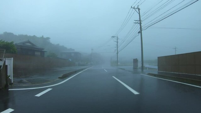 Powerful Hurricane Wind Lashes Town Driving Point Of View - Haishen