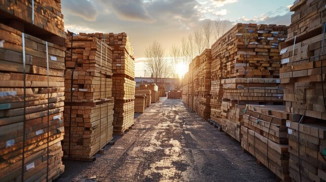 Stacks of beech boards in outdoor lumberyard ready for shipping