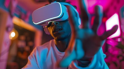 Obraz premium African boy feels happy playing with VR glasses