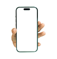 Hand hold mobile smartphone isolated on transparent background. PNG File Format