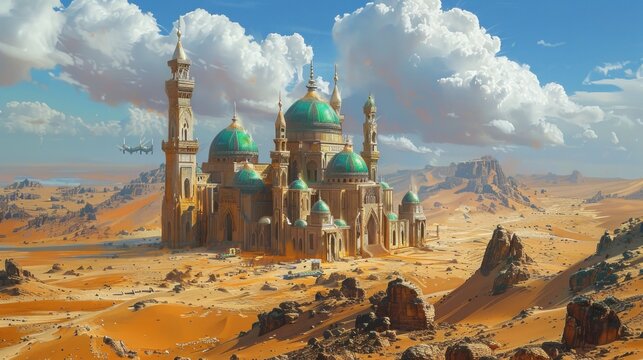 a high fantasy mysterious small abandoned mosque in a barren desert, stuning art