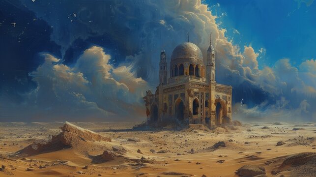 a high fantasy mysterious small abandoned mosque in a barren desert, stuning art