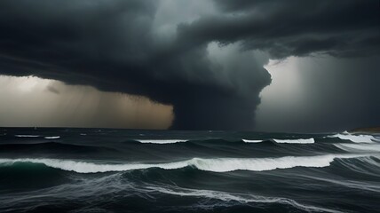 Obraz premium Rainstorm in the middle of the ocean The sky is dark