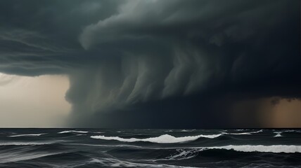Fototapeta premium Rainstorm in the middle of the ocean The sky is dark