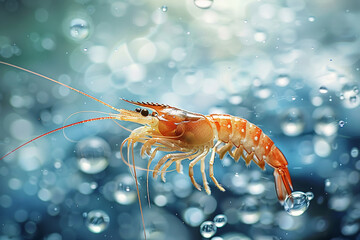 Fresh raw shrimp with tail and shell isolated on water background
