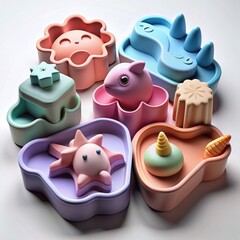 3D Render of novelty cake molds in fun shapes, such as dinosaurs, unicorns, or mermaids, on isolated white background, Generative AI