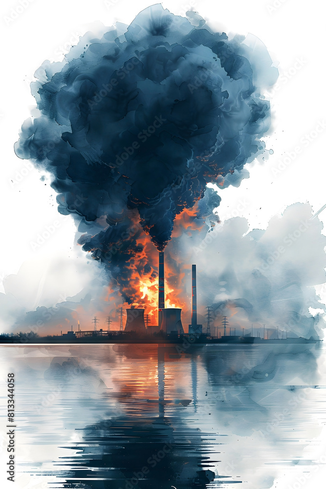 Wall mural Dramatic Watercolor Depiction of an Industrial Explosion Highlighting the Socio-Political Factors Influencing Uranium Enrichment Policies and Their