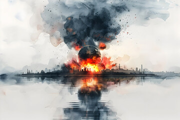Dramatic Watercolor Depiction of a Cityscape Engulfed in a Fiery Explosion on an Isolated Background